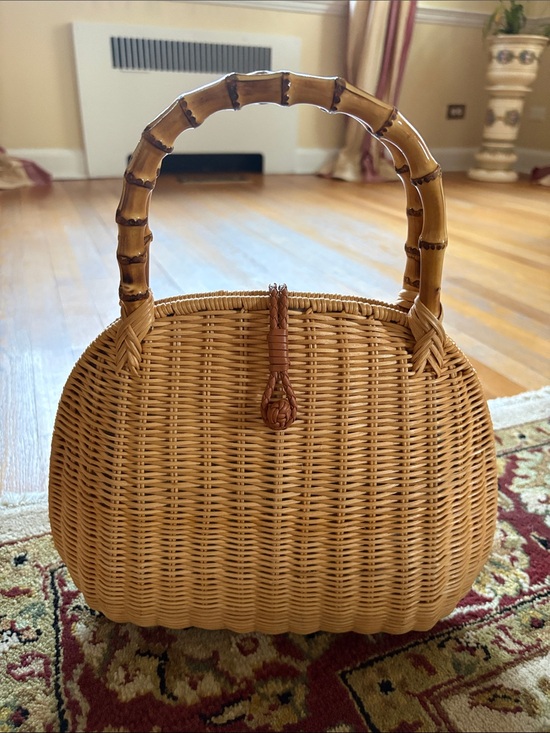 J. McLaughlin Handbags - J. McLaughlin Woven Bamboo-Handle Straw Tote - Tan